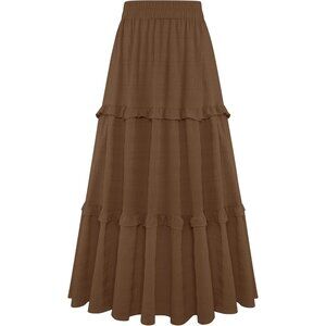 Women's Brown Casual Elegant A Line Flowy Ruffle Tiered Long Pockets Maxi Skirt